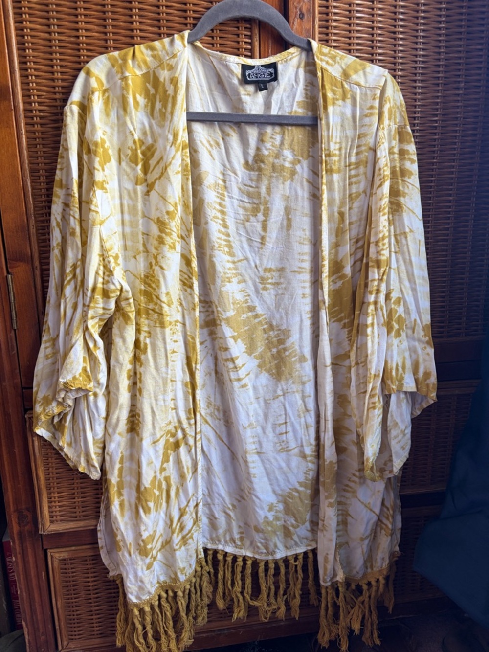 Angie Yellow & White Tie-Dye Fringe Kimono